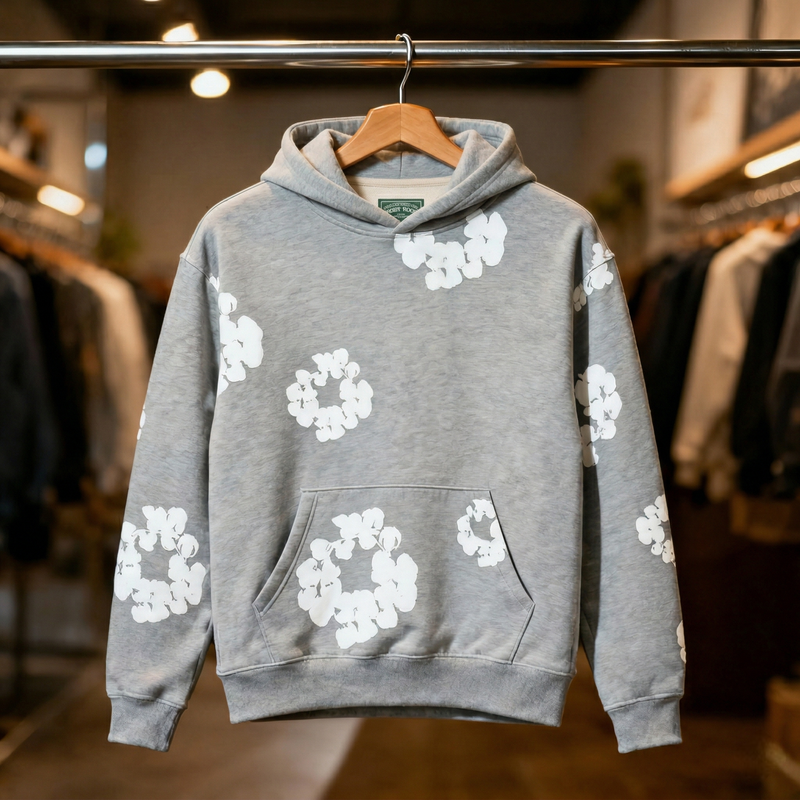 White Floral Print Pullover Hoodie - Heather Grey